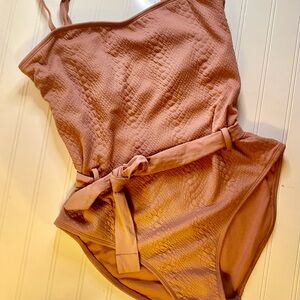 Time and Tru Mauve Textured One-Piece Swimsuit with Tie Belt